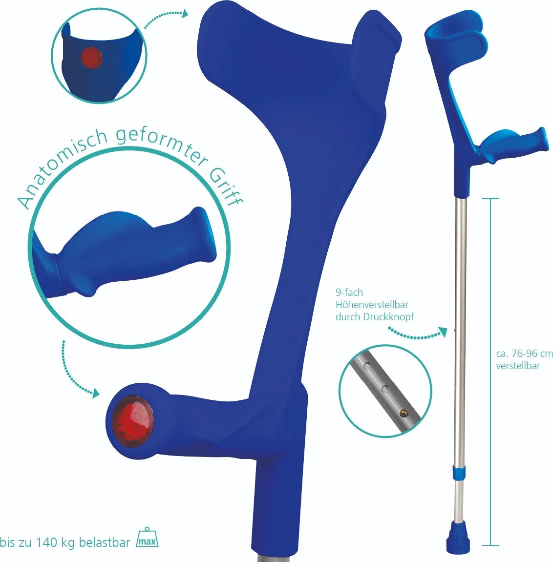 Ergonominen kyynärsauva Sininen / Hopea