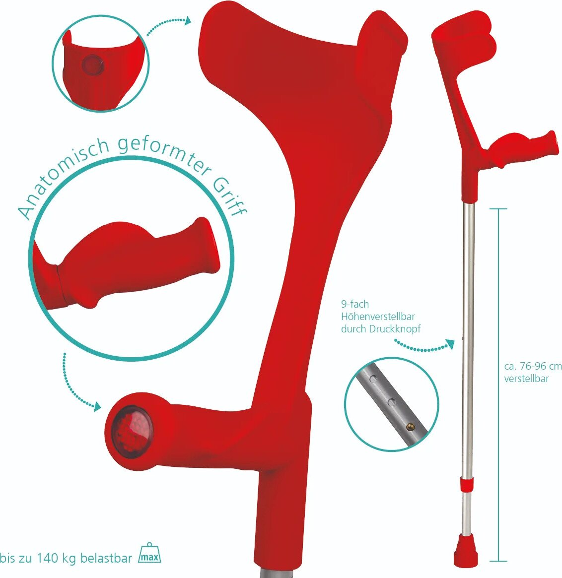 Ergonominen kyynärsauva Punainen / Hopea